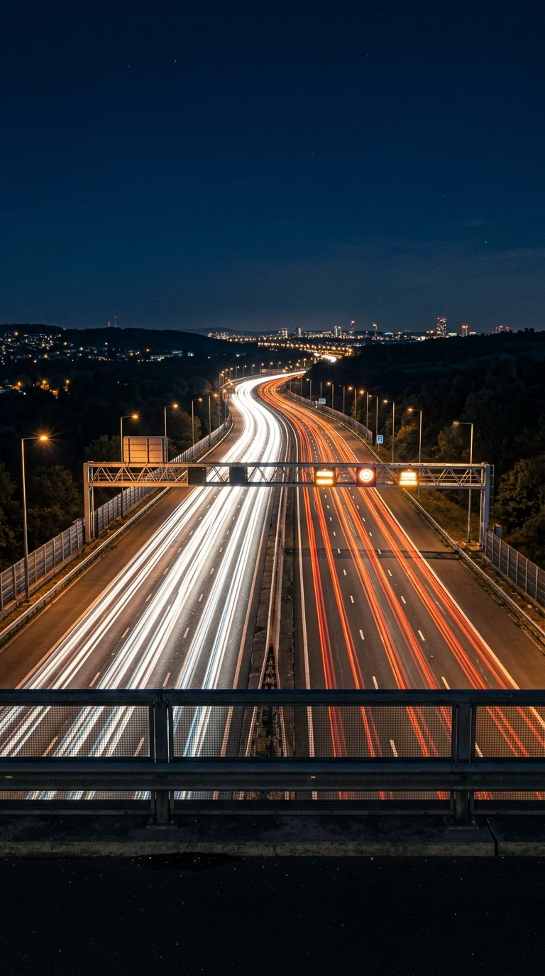 Autobahn bei Nacht von einer Brücke aus gesehen, Lichtspuren in Weiß und Bernstein